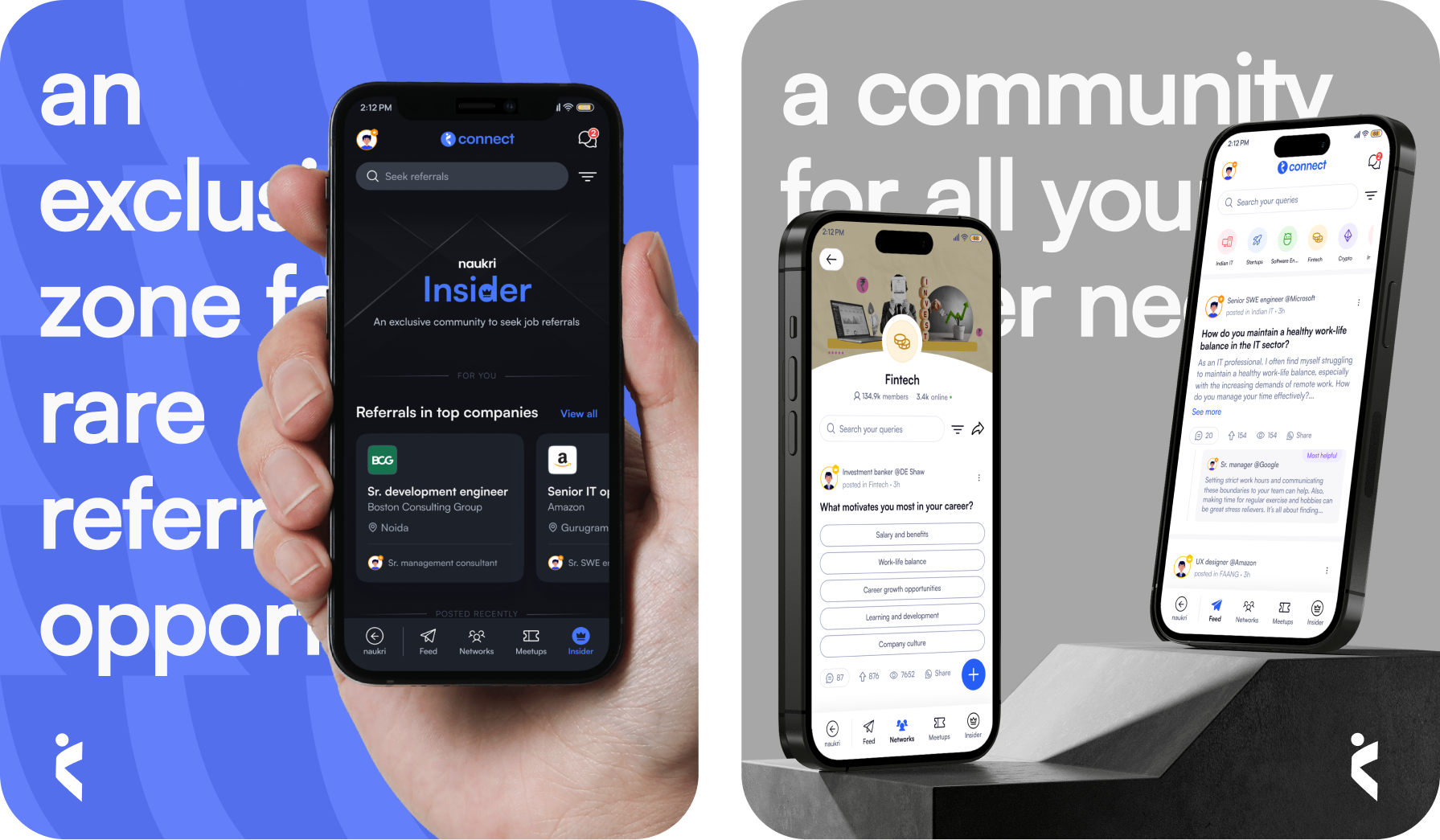 Naukri Connect feature posters showing the community feed and Insider referral zone
