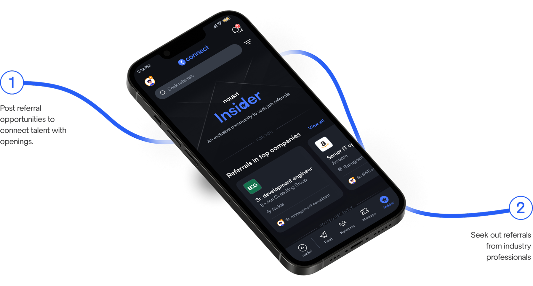 Naukri Insider screen showing referral opportunities and professional referral seeking