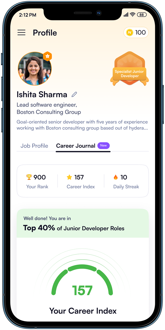 Career Journal tab, showing rank, career index and daily streak