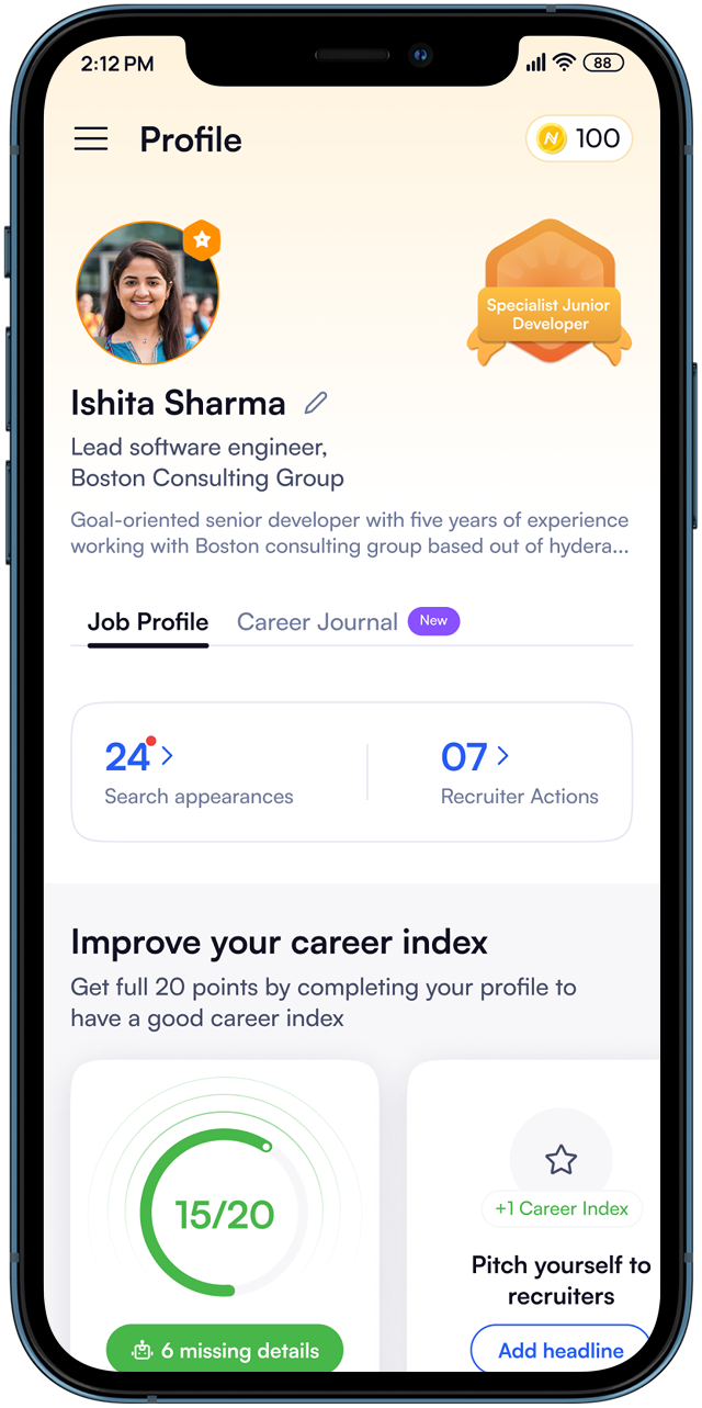Job Profile tab, showing search appearances and recruiter actions