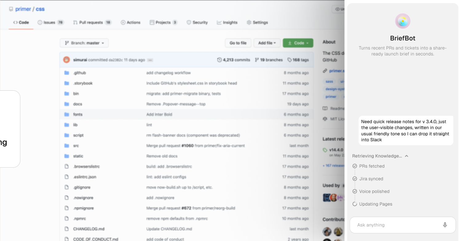 BriefBot retrieving knowledge: PRs fetched, Jira synced, voice polished