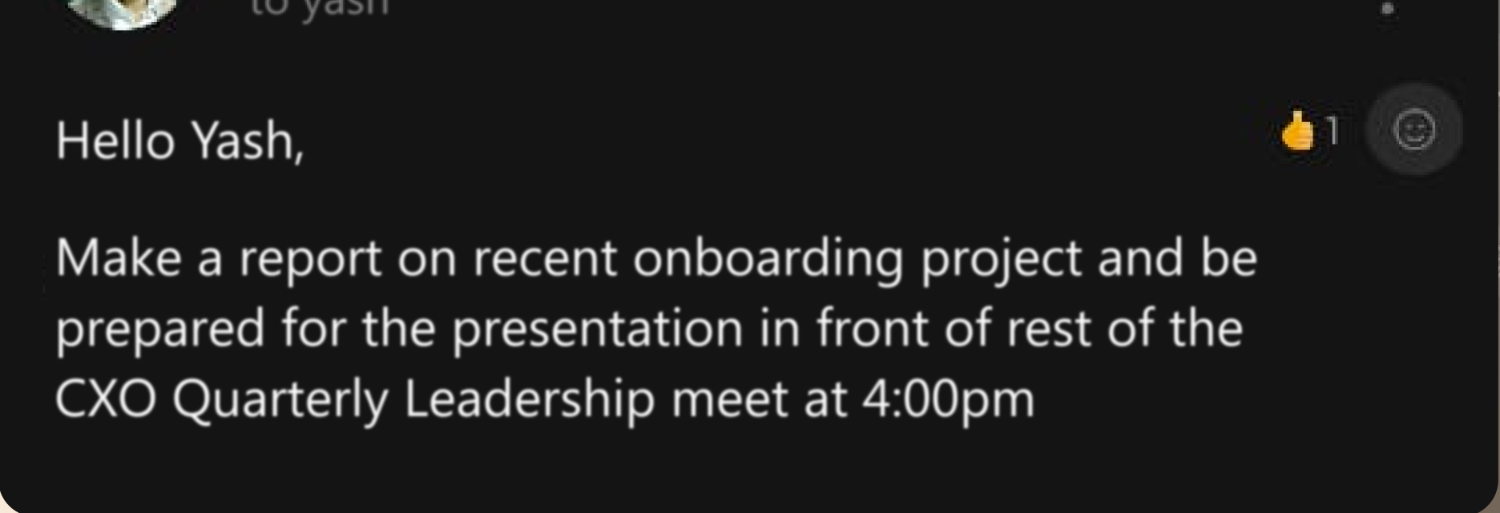 Email from the CPO asking for a report on the onboarding project for the 4pm leadership meet