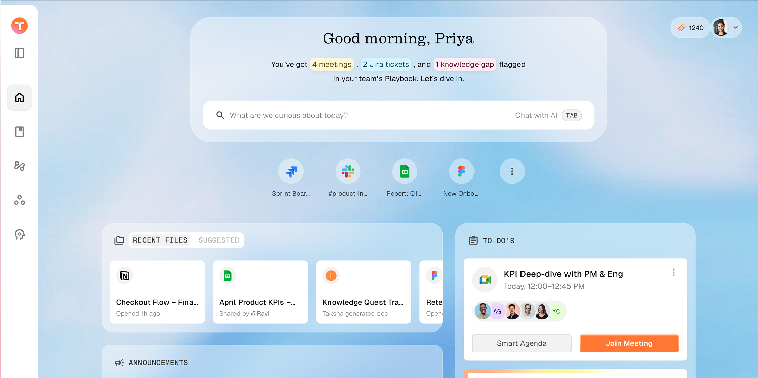 Taksha home dashboard