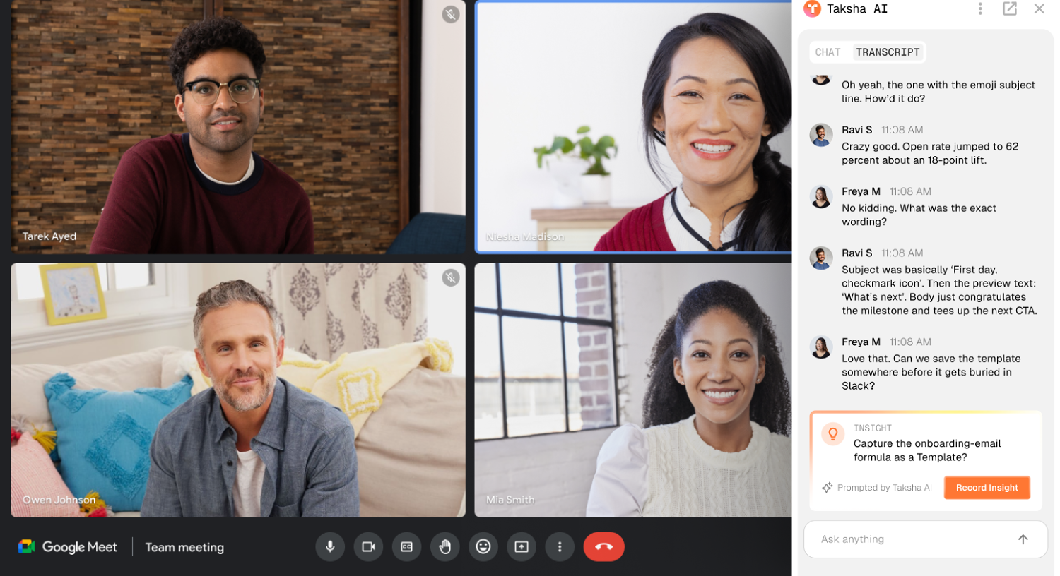 Taksha AI in a Google Meet call prompting to capture the onboarding-email formula as a template