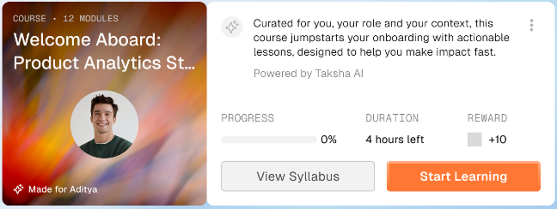 Personalized onboarding course card, curated by Taksha AI