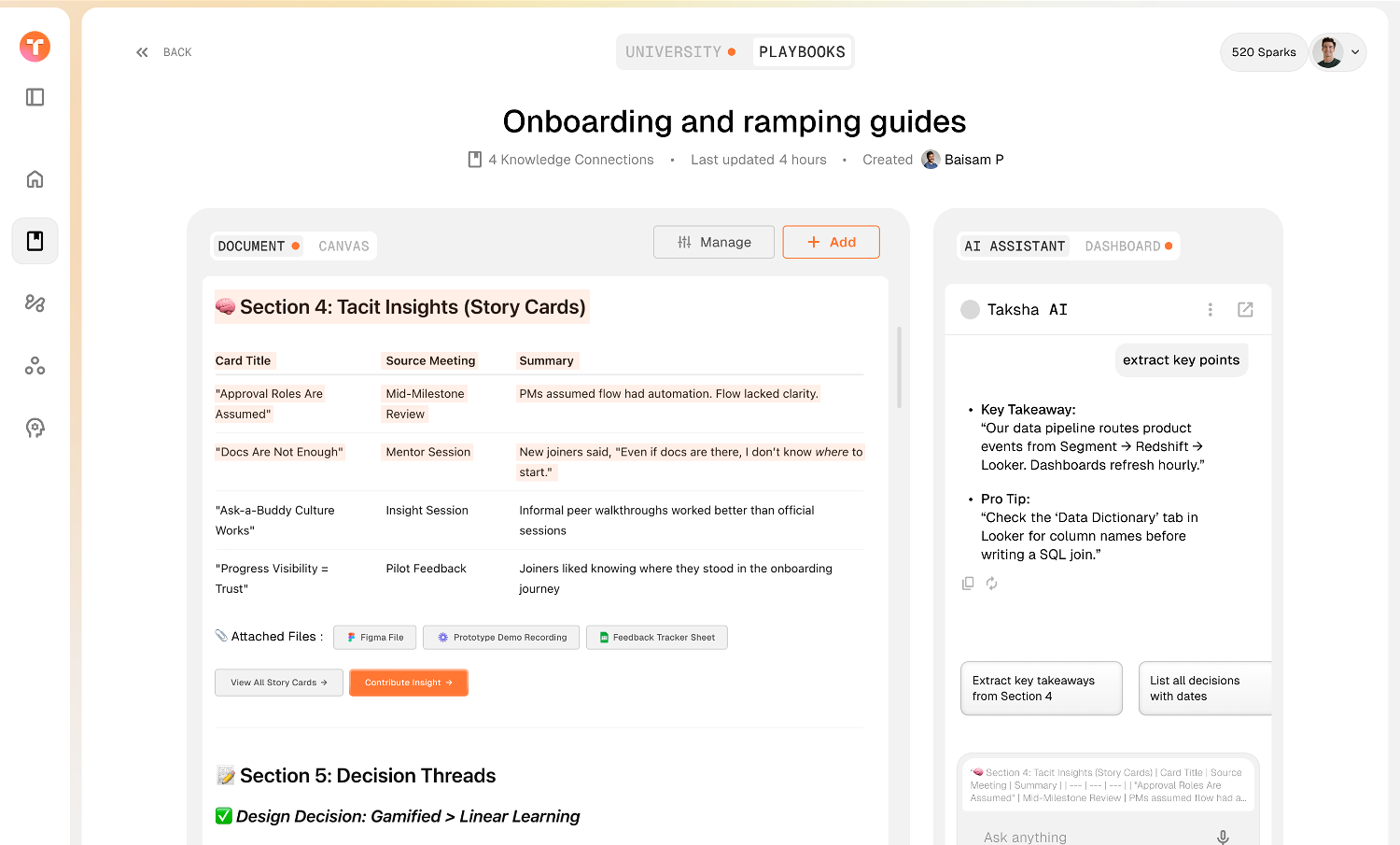 Playbook document view with tacit insight story cards and decision threads