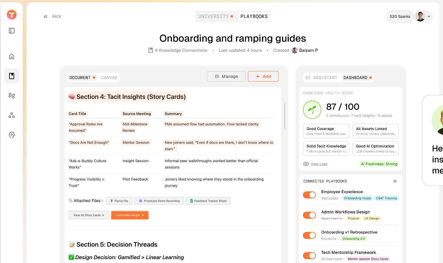 Playbook dashboard with a knowledge health score of 87 out of 100