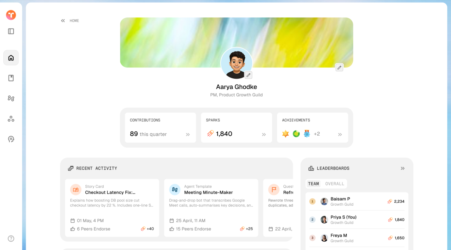 Contributor profile with contributions, sparks, achievements and leaderboards