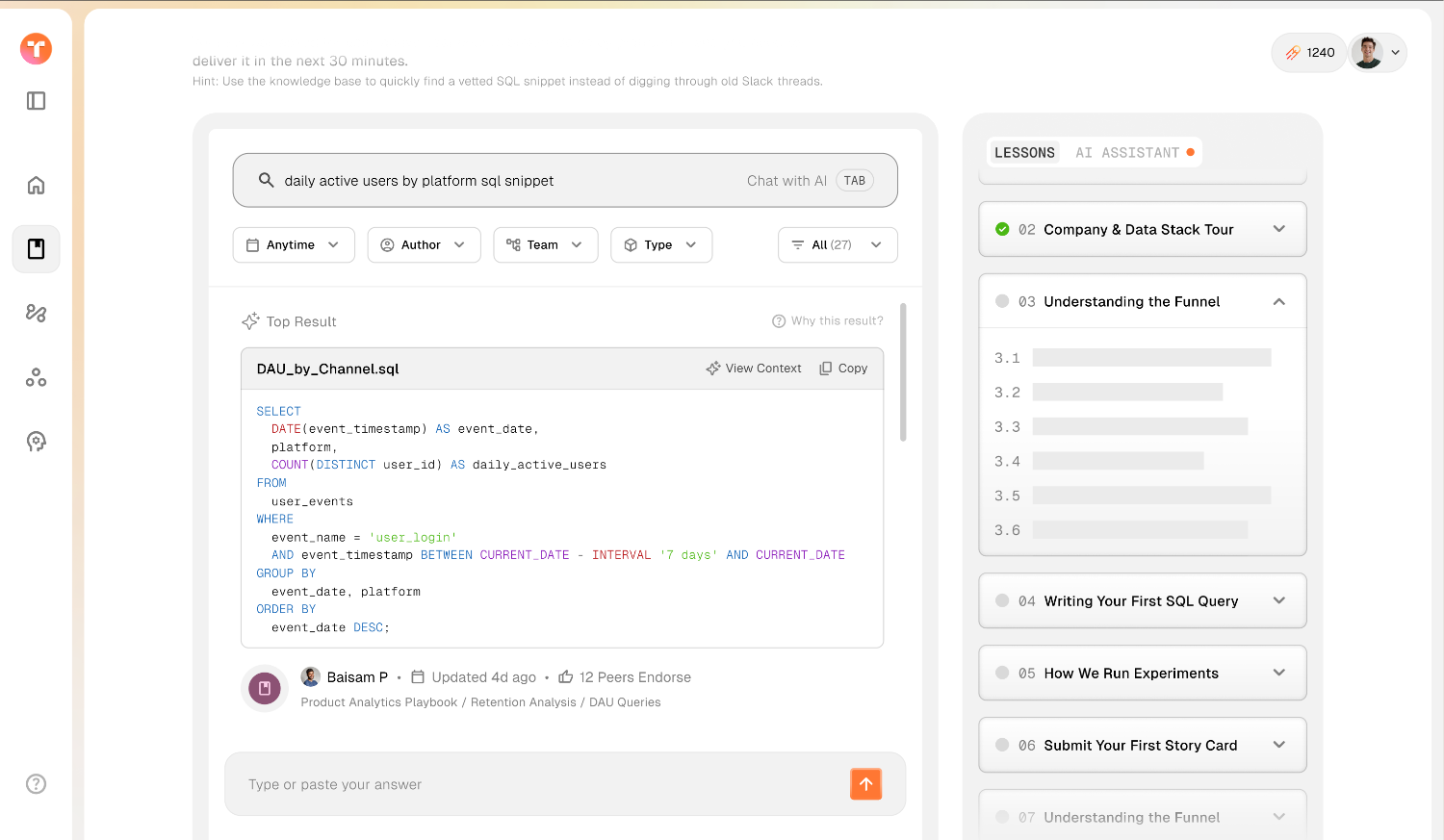 Smart Search surfacing the vetted SQL snippet