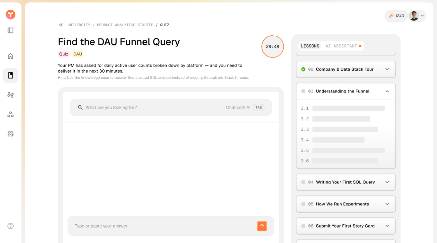 Quest: find the DAU funnel query, 30-minute timer