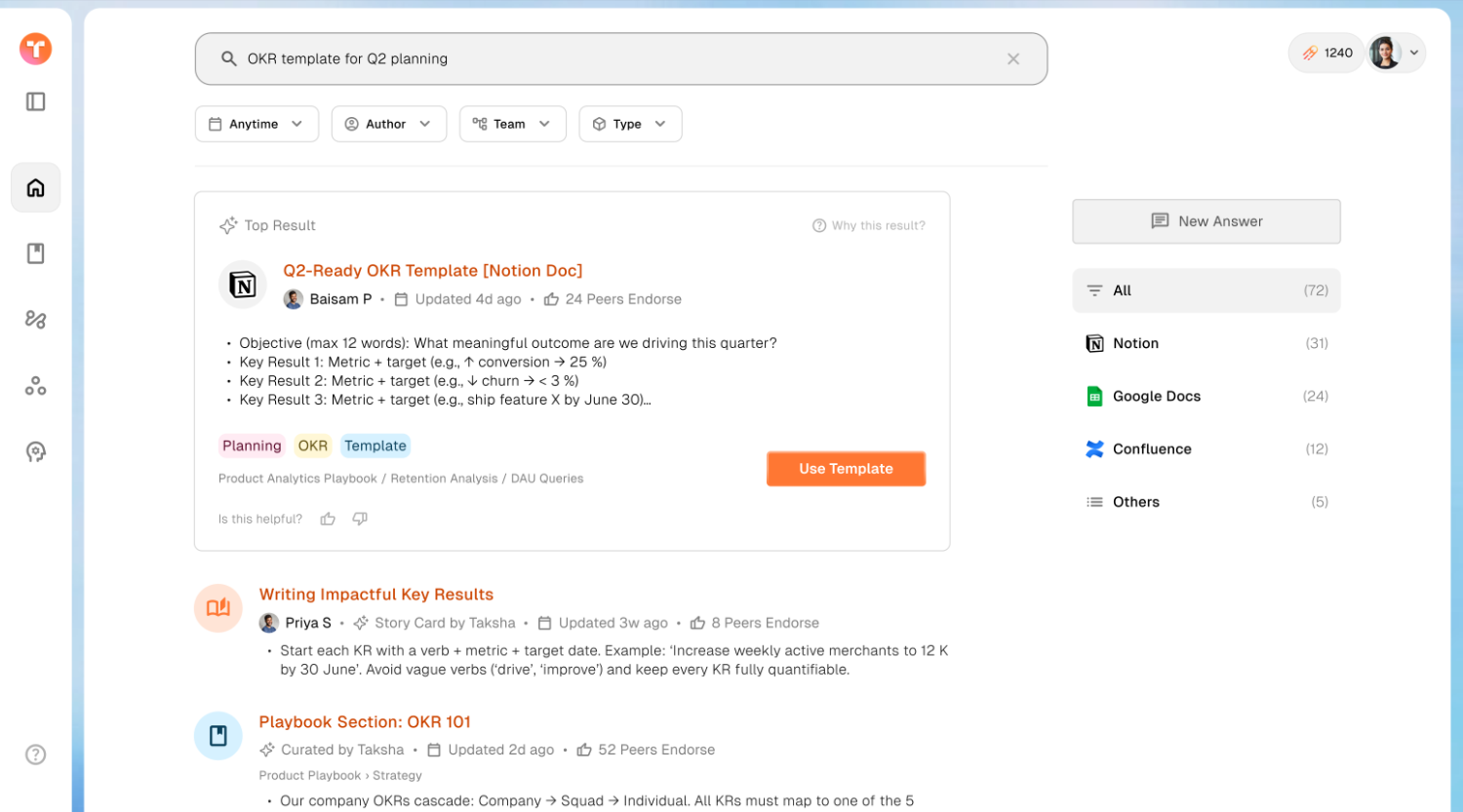 Smart Search results for an OKR template query with filters and endorsements