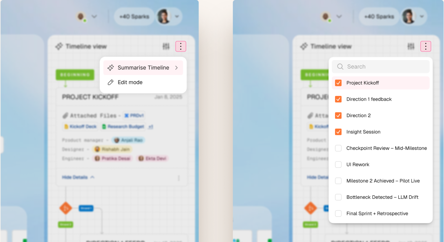 Timeline options: summarise timeline, edit mode, node filters