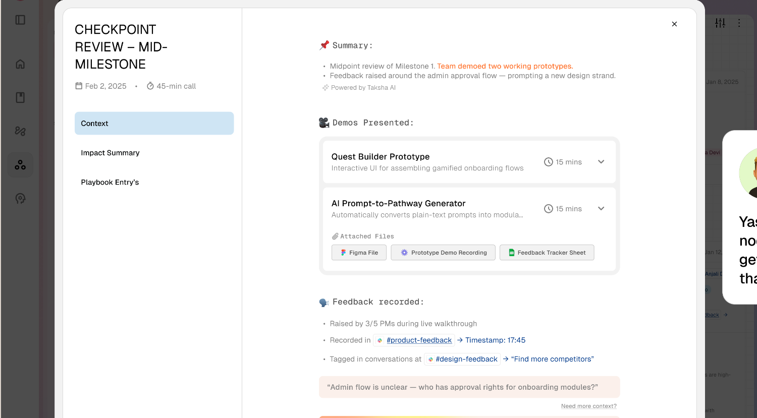 Checkpoint review node with demos, feedback and task assignment
