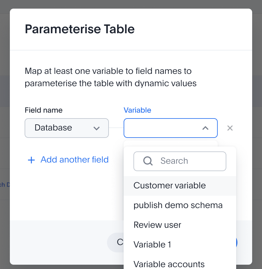 Variable dropdown open with a search box and the list of created variables