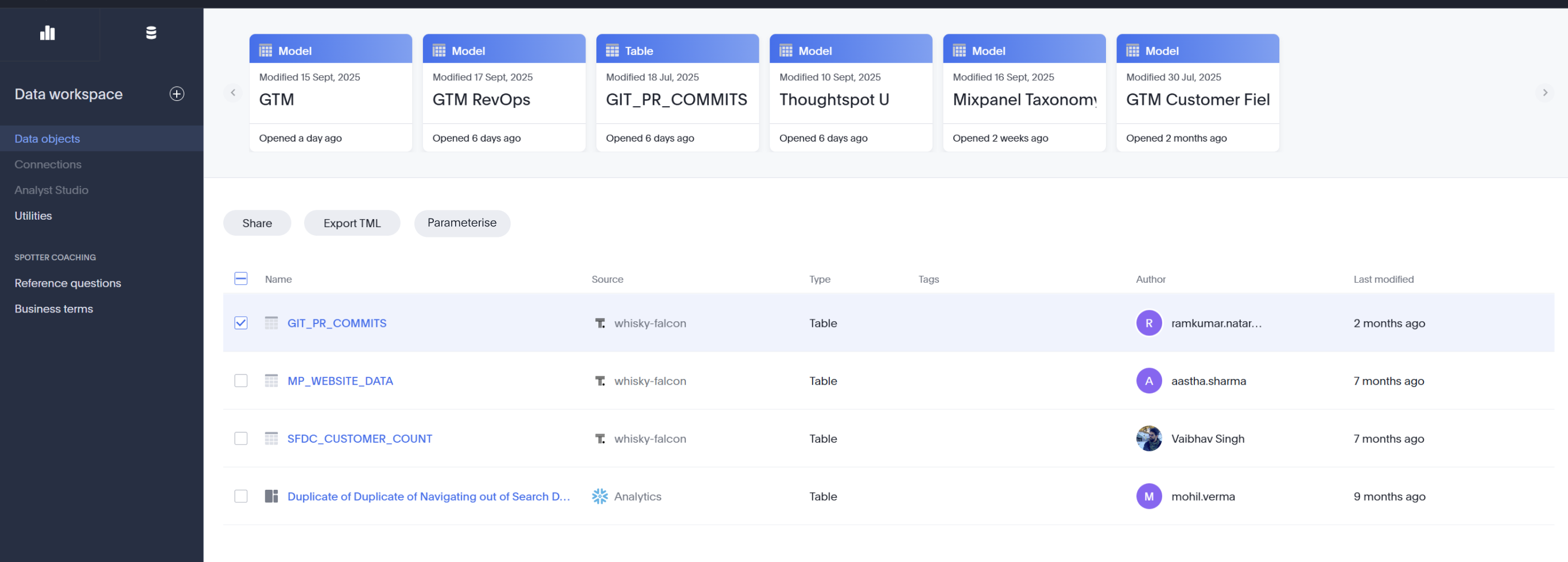 Data objects page with GIT_PR_COMMITS table selected and a Parameterise button