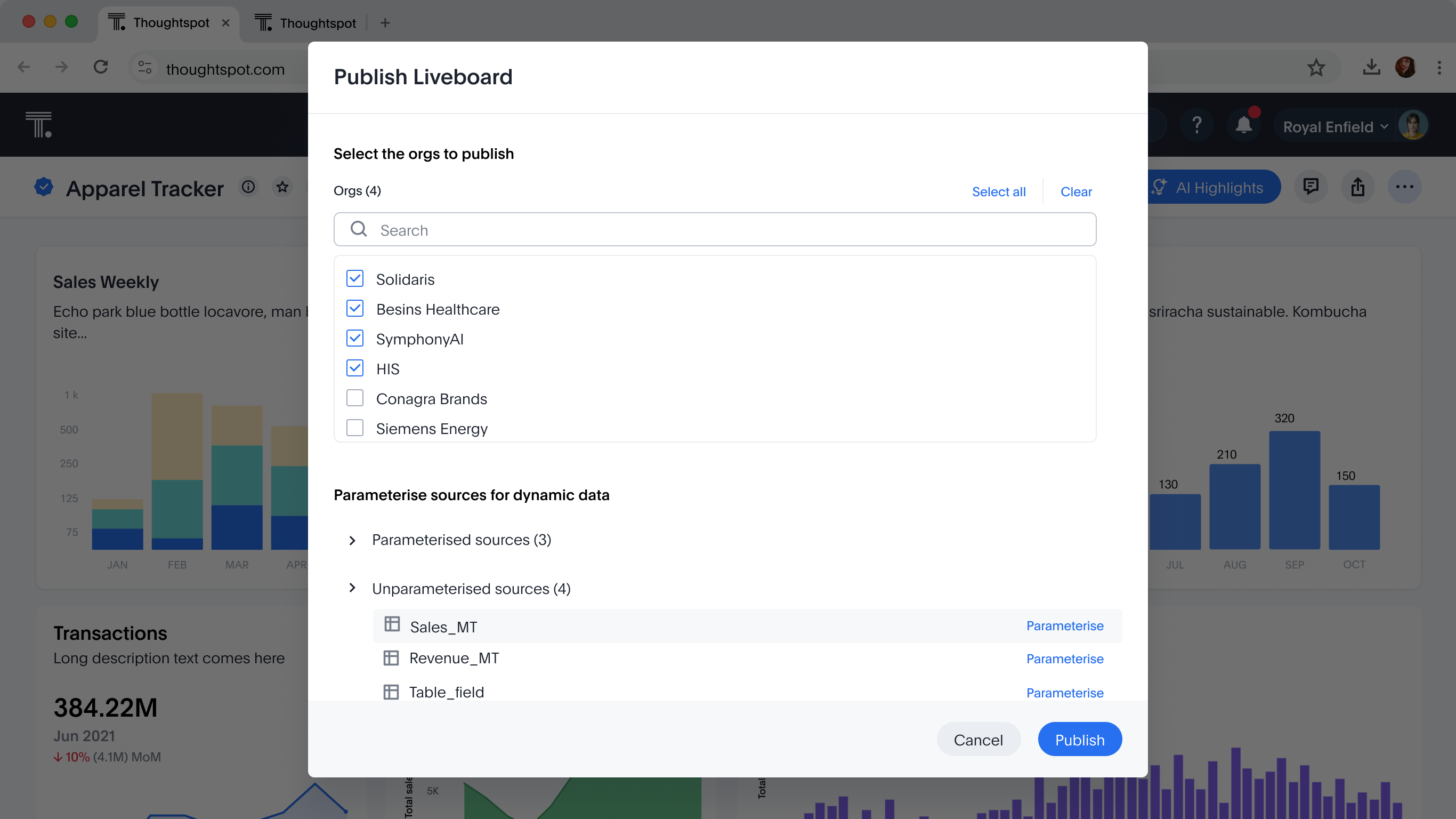 Publish dialog with four orgs ticked and Unparameterised sources (4) expanded, Sales_MT, Revenue_MT and Table_field, each with a Parameterise link