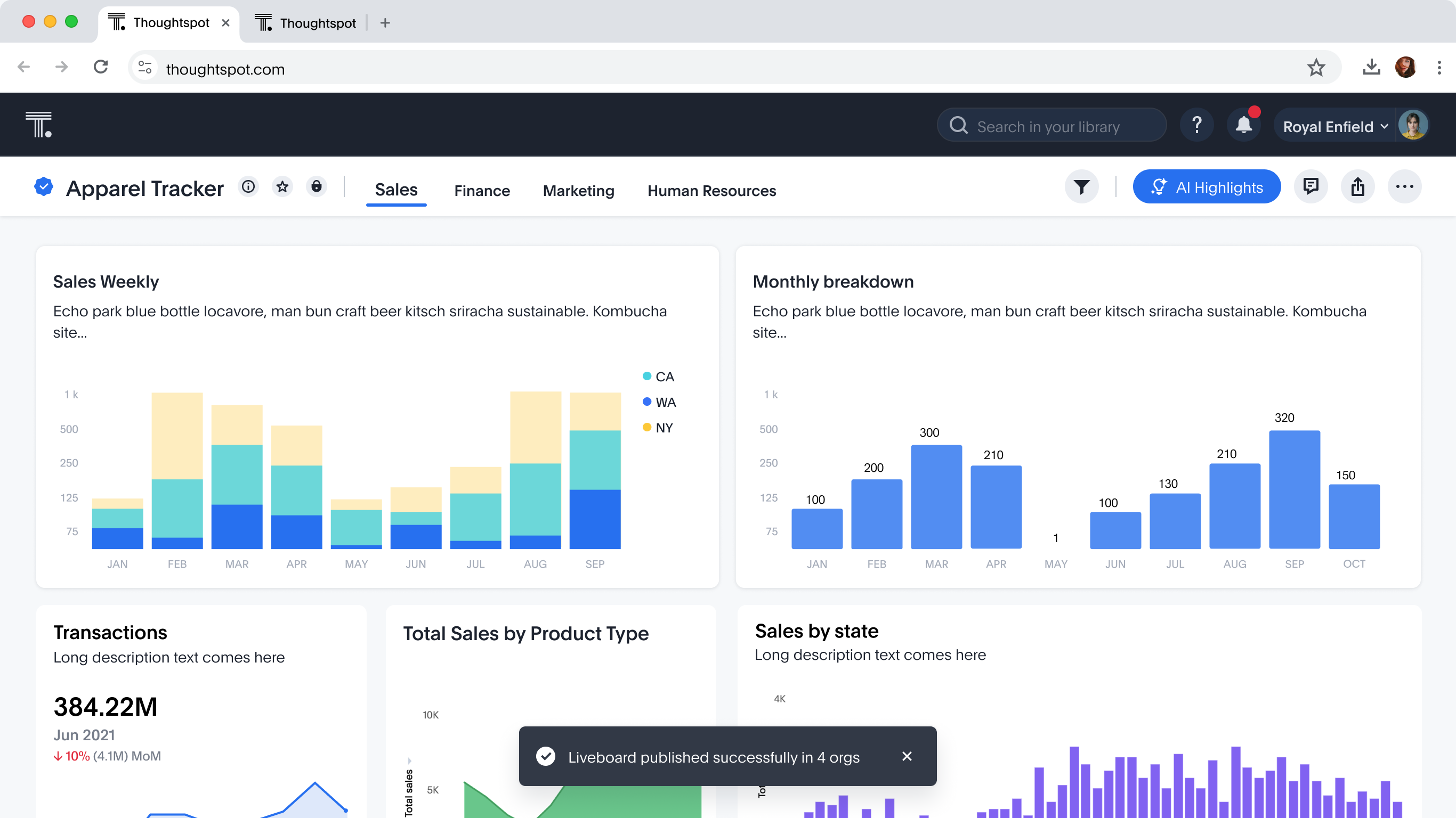 The liveboard with a toast reading: Liveboard published successfully in 4 orgs