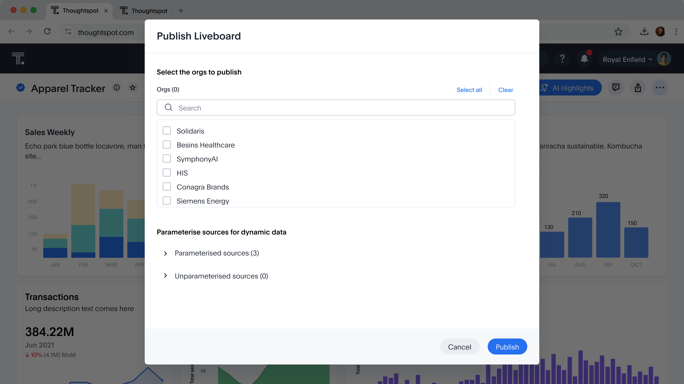 Publish Liveboard dialog: an org picker with a search box and a checkbox list, above a Parameterise sources section