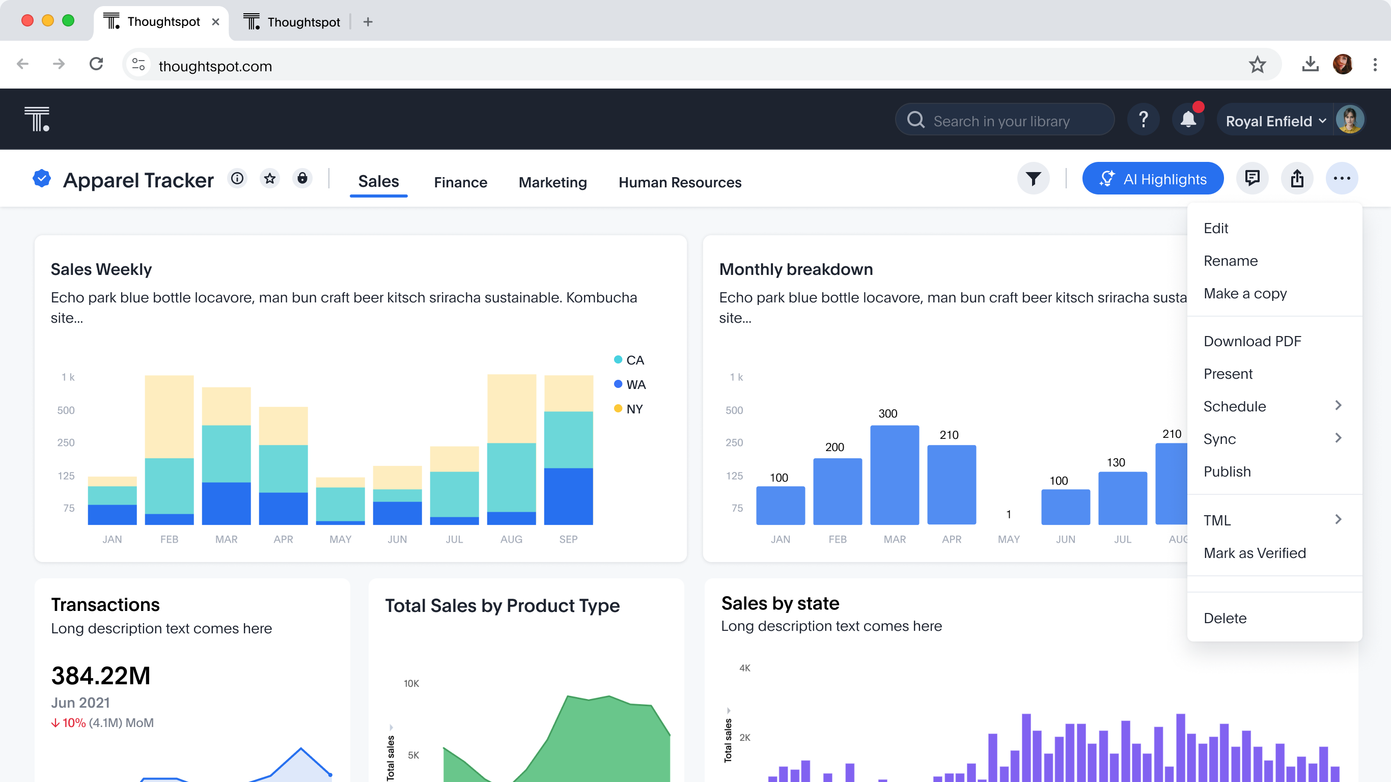 An Apparel Tracker liveboard with the overflow menu open, showing Edit, Rename, Make a copy, Download PDF, Present, Schedule, Sync, Publish, TML and Delete, Publish is the target