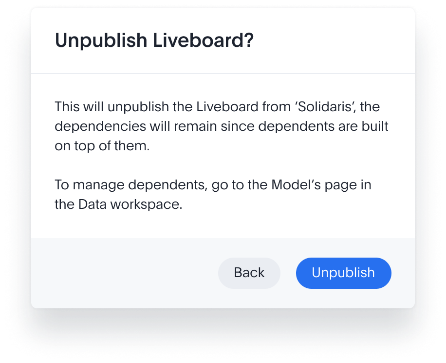 Confirm dialog: This will unpublish the Liveboard from Solidaris; the dependencies will remain since dependents are built on top of them