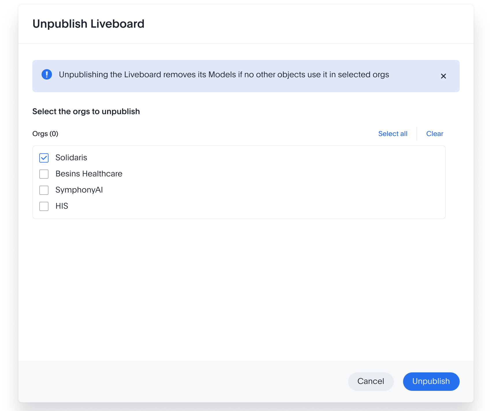 Unpublish Liveboard dialog: an org picker with an info note reading Unpublishing the Liveboard removes its Models if no other objects use it in selected orgs