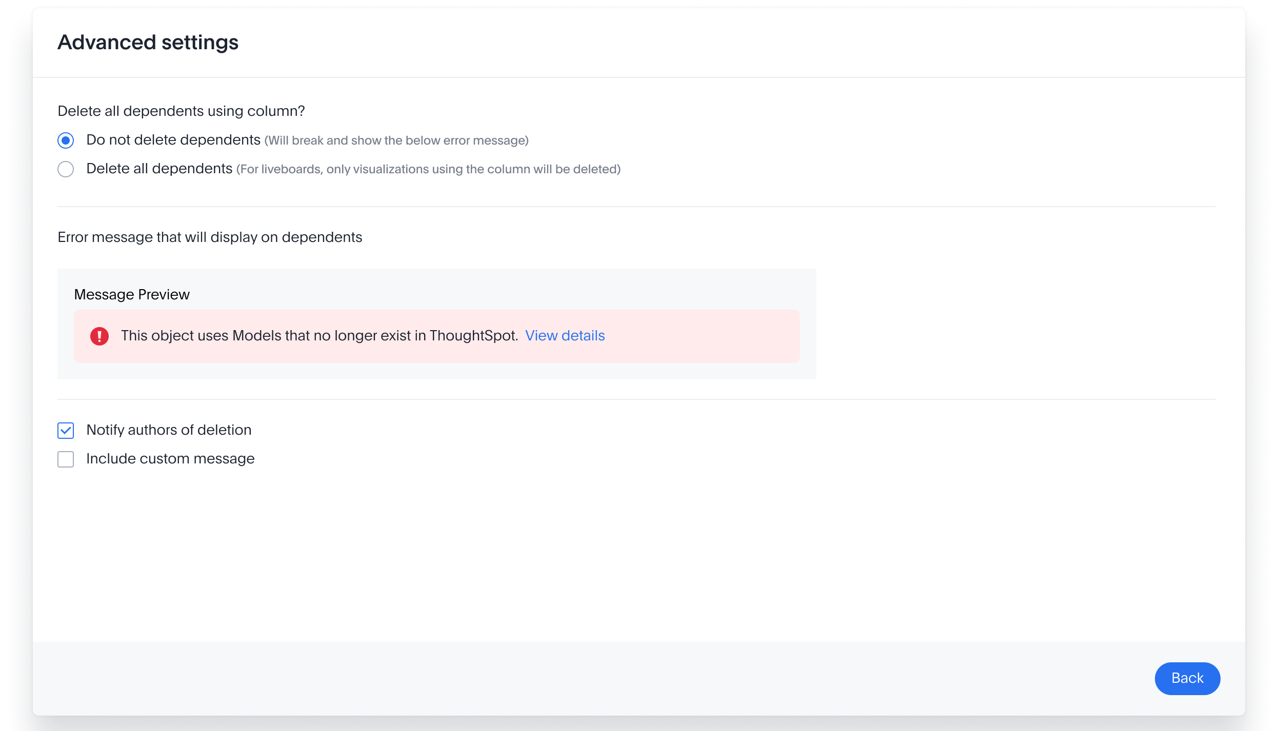 Advanced settings: choose Do not delete dependents (break and show error) or Delete all dependents; an error message preview; notify authors and include custom message