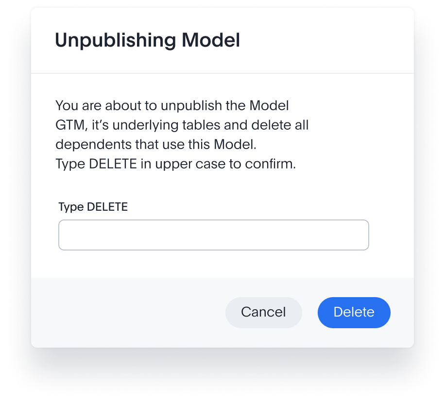 Unpublishing Model confirm: type DELETE in upper case to confirm