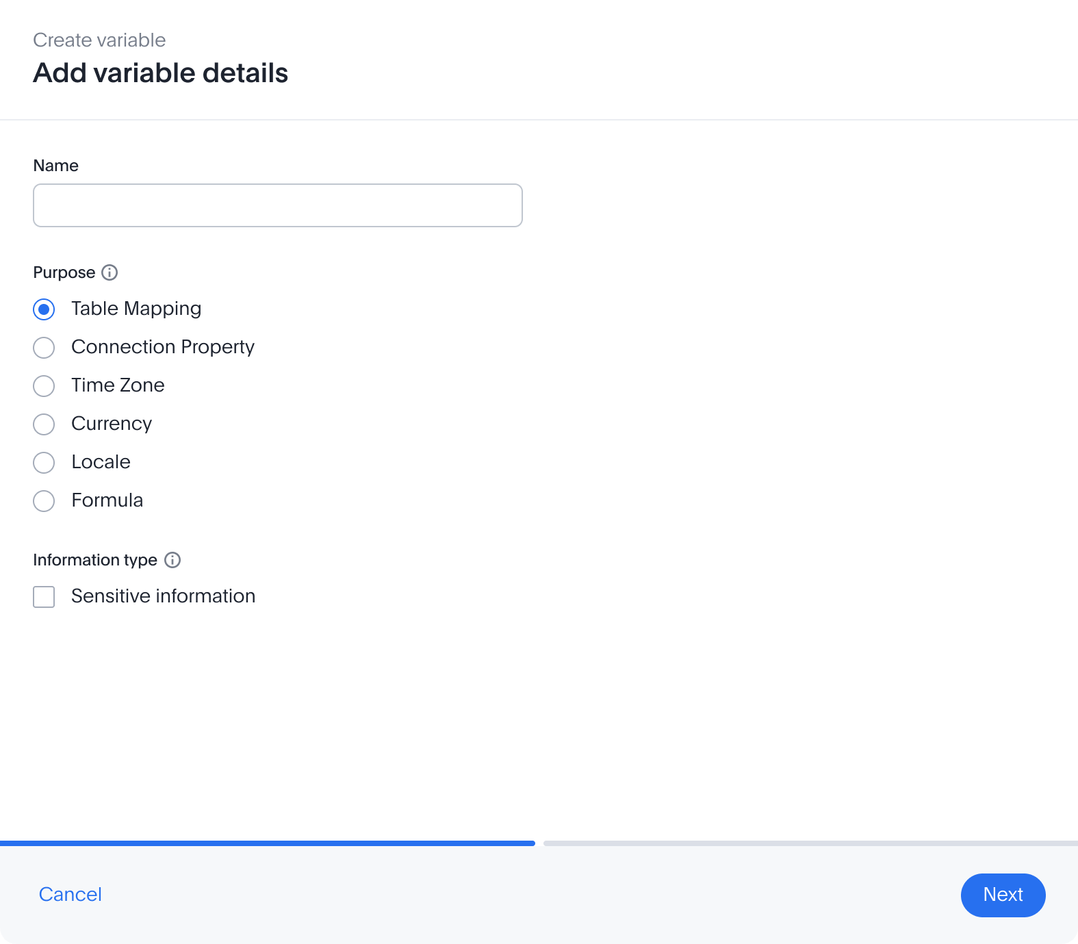 Create variable dialog for table mapping, purpose selected, no scope section shown