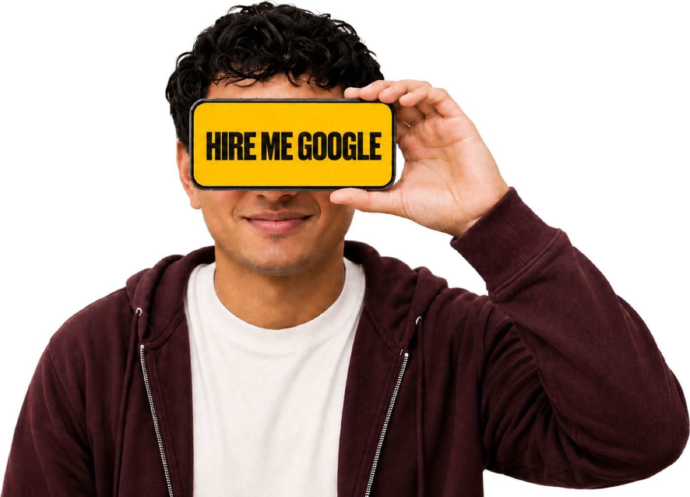 Yash holding a phone that reads: hire me Google